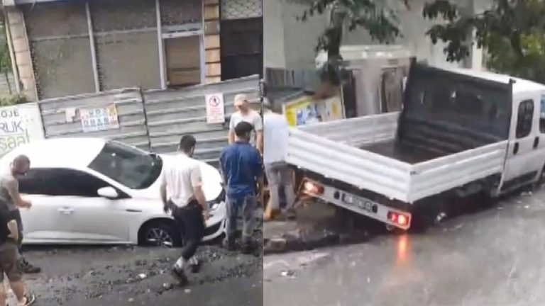 Bayrampaşa’da yol çöktü, araçlar içine düştü