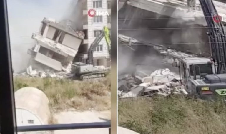 Yıkımı gerçekleştirilen 6 katlı bina yanındaki az hasarlı binanın üzerine devrildi